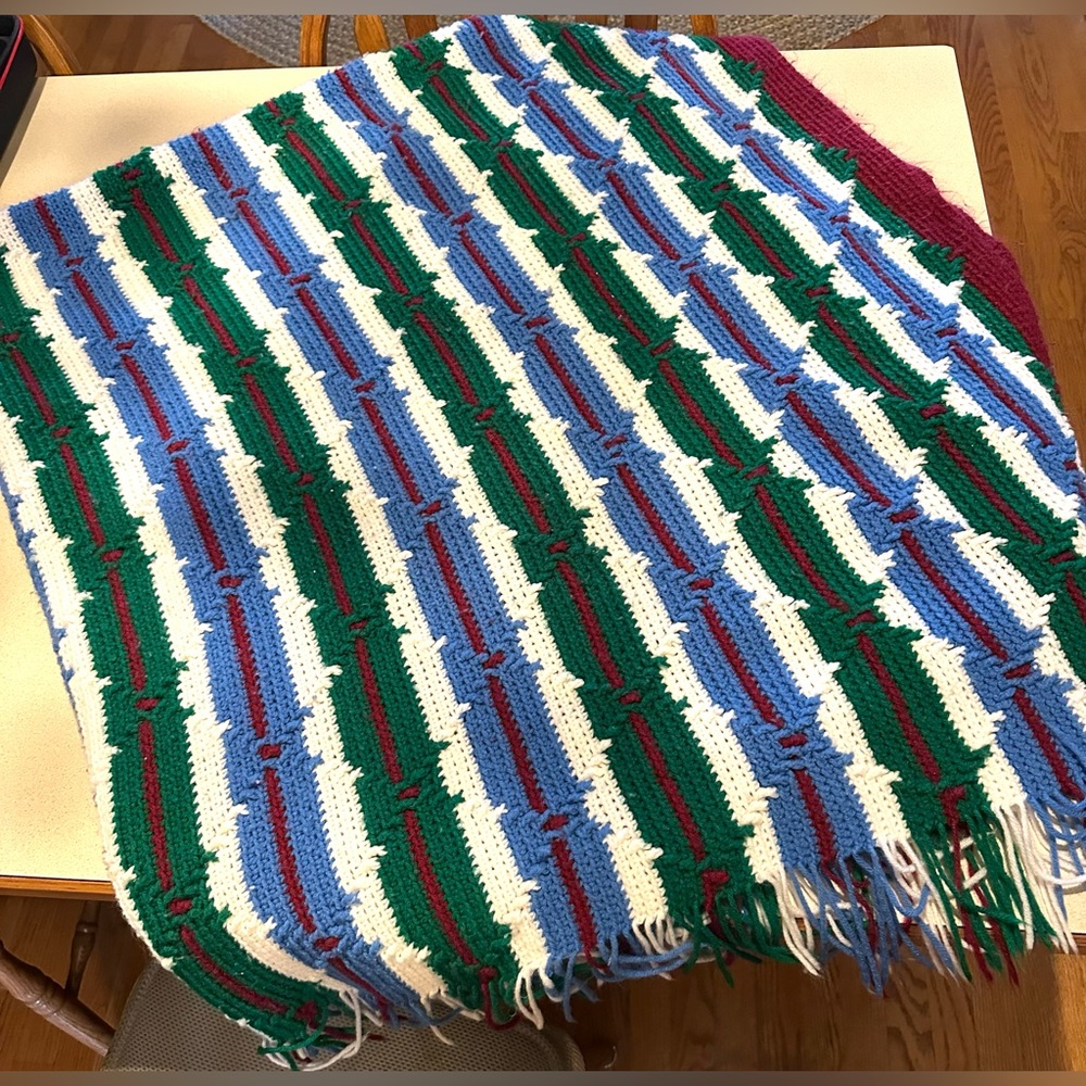 Vtg Handmade Multi Color Retro Crochet Afghan Throw Blanket Fringe 72.5" × 65"